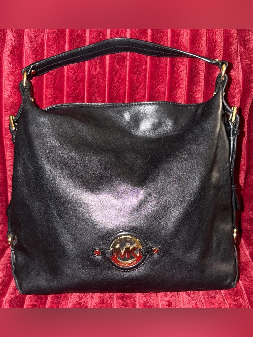 Michael Kors Black Leather Shoulder Hobo with Gold MK Emblem